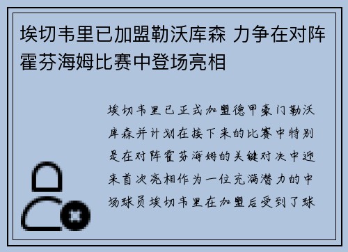 埃切韦里已加盟勒沃库森 力争在对阵霍芬海姆比赛中登场亮相