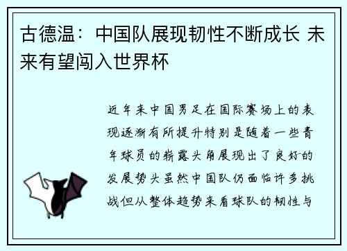 古德温：中国队展现韧性不断成长 未来有望闯入世界杯