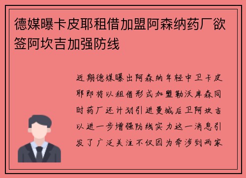 德媒曝卡皮耶租借加盟阿森纳药厂欲签阿坎吉加强防线