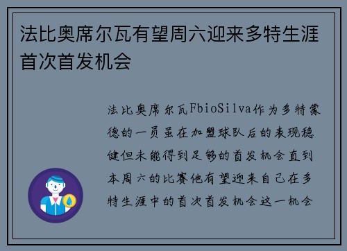 法比奥席尔瓦有望周六迎来多特生涯首次首发机会